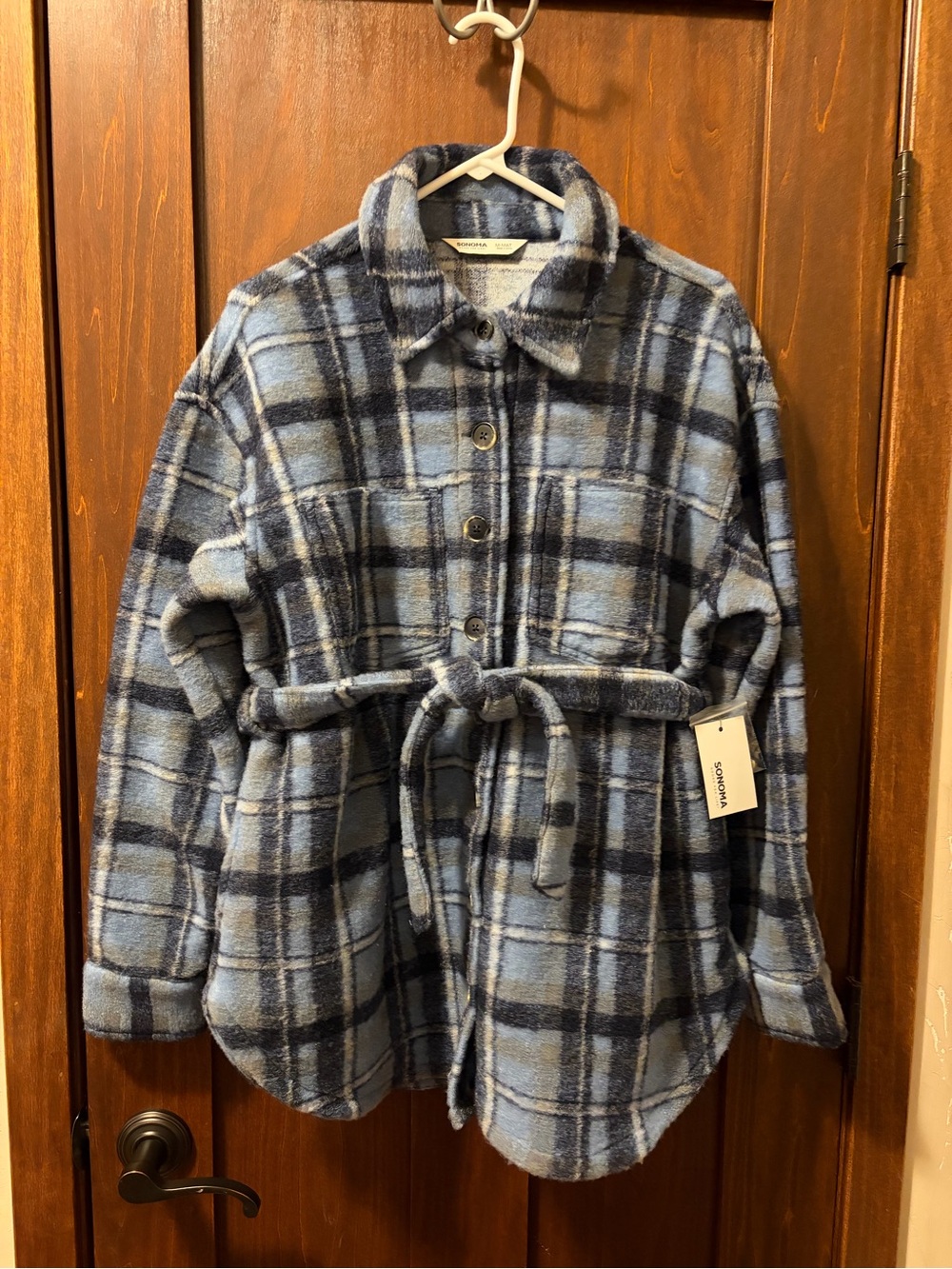 New Blue Plaid Belted M-Maternity Shacket